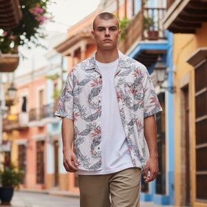 Denim & Flower White Button-Down Shirt with Palm Floral Print xl